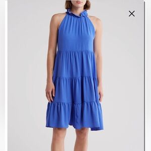 Mock Neck Blue Tiered Dress